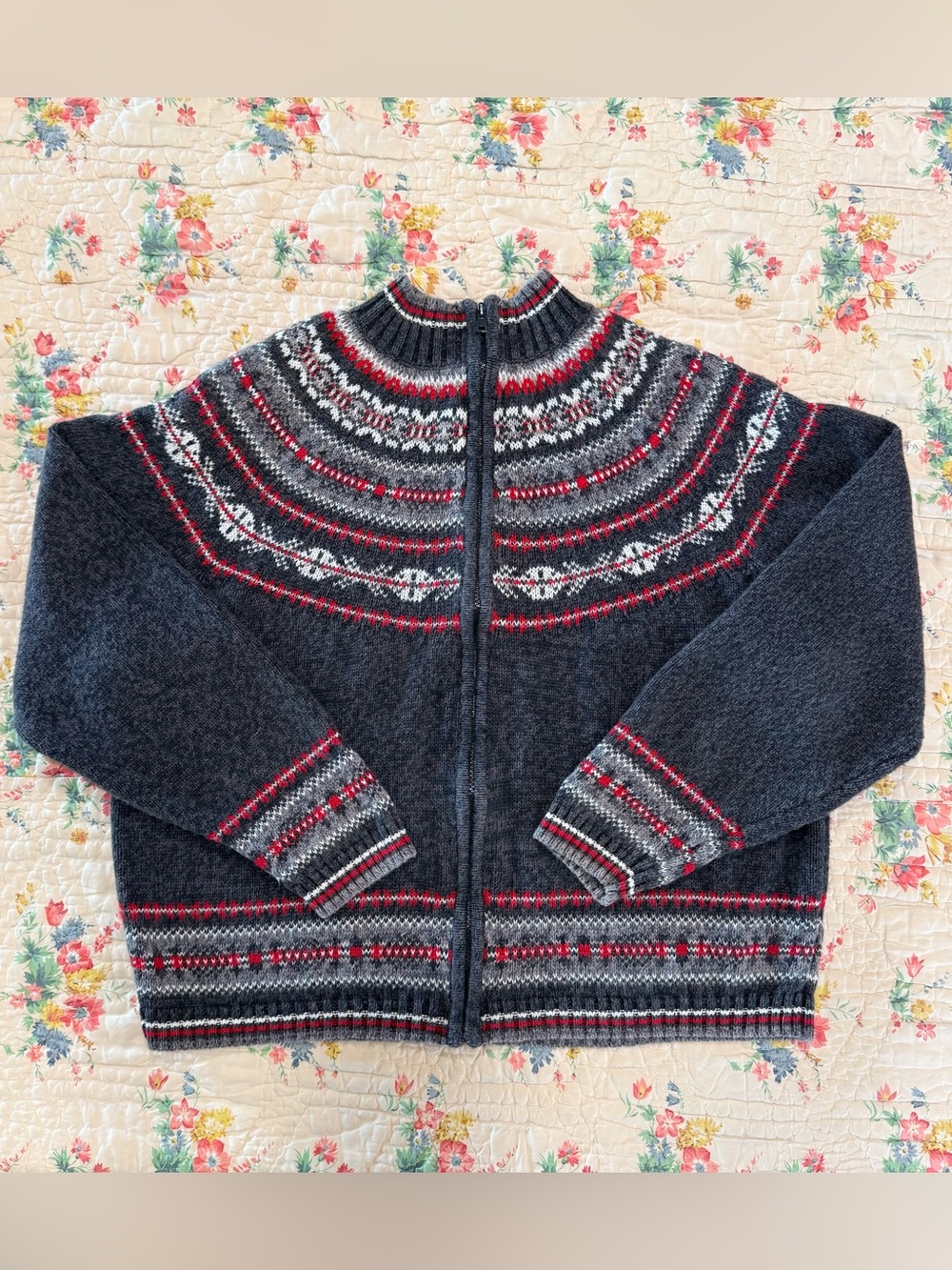 Vintage Tiara Zip Nordic Yoke Cardigan Sweater - XL